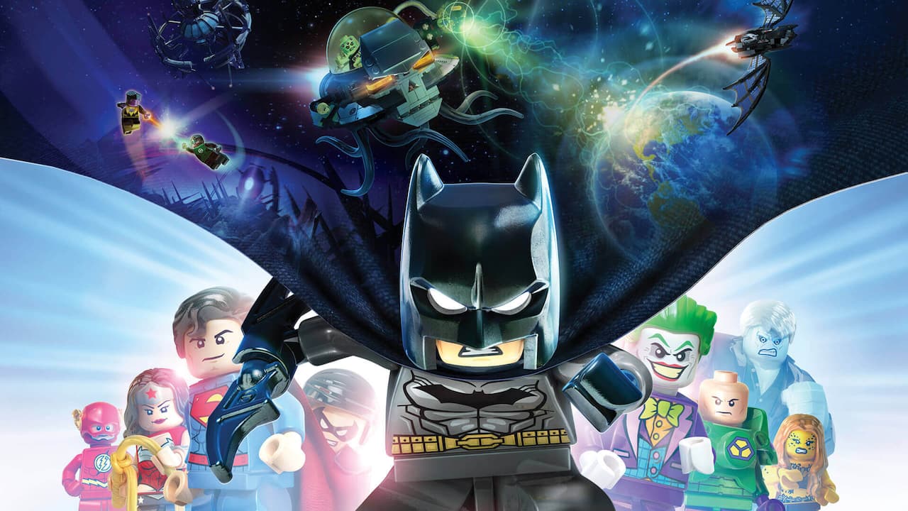 Key art from LEGO Batman 3, showing a large LEGO Batman minifig surrounded by other LEGO superheroes and supervillains like Superman, Wonder Woman, and The Joker.