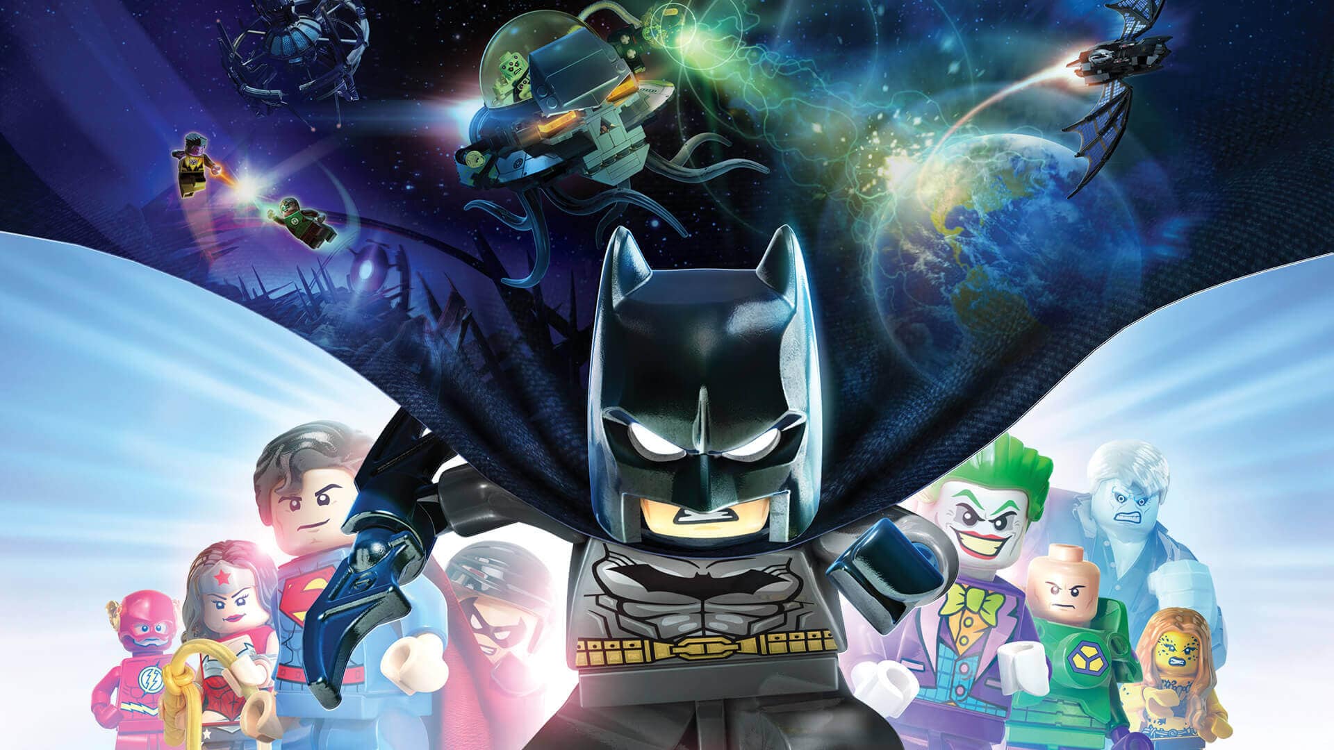 Key art from LEGO Batman 3, showing a large LEGO Batman minifig surrounded by other LEGO superheroes and supervillains like Superman, Wonder Woman, and The Joker.