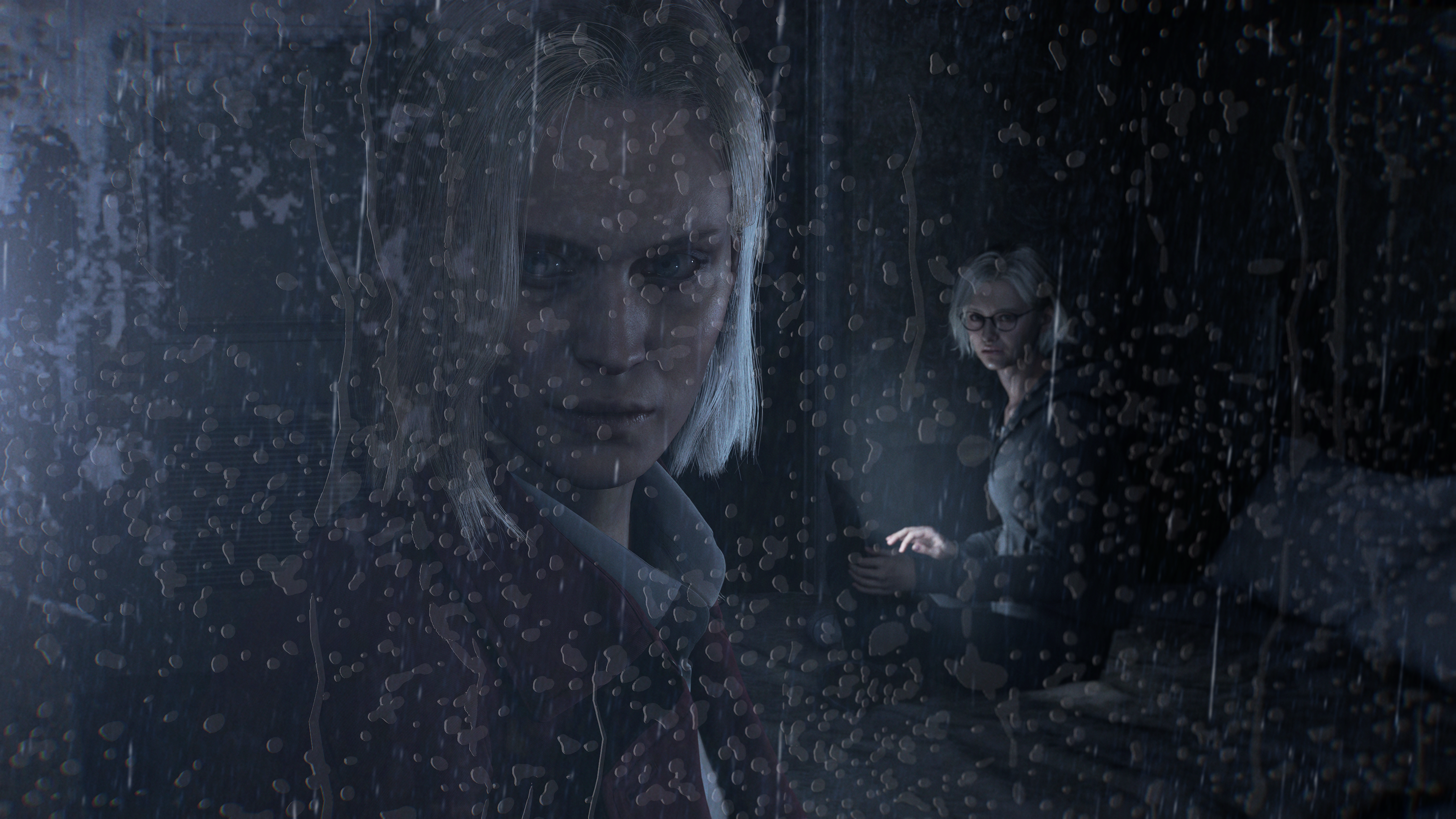 A close-up of two characters in a somber, dimly lit setting, with one character's face prominently featured and another character visible in the background, partially obscured by rain on the glass.