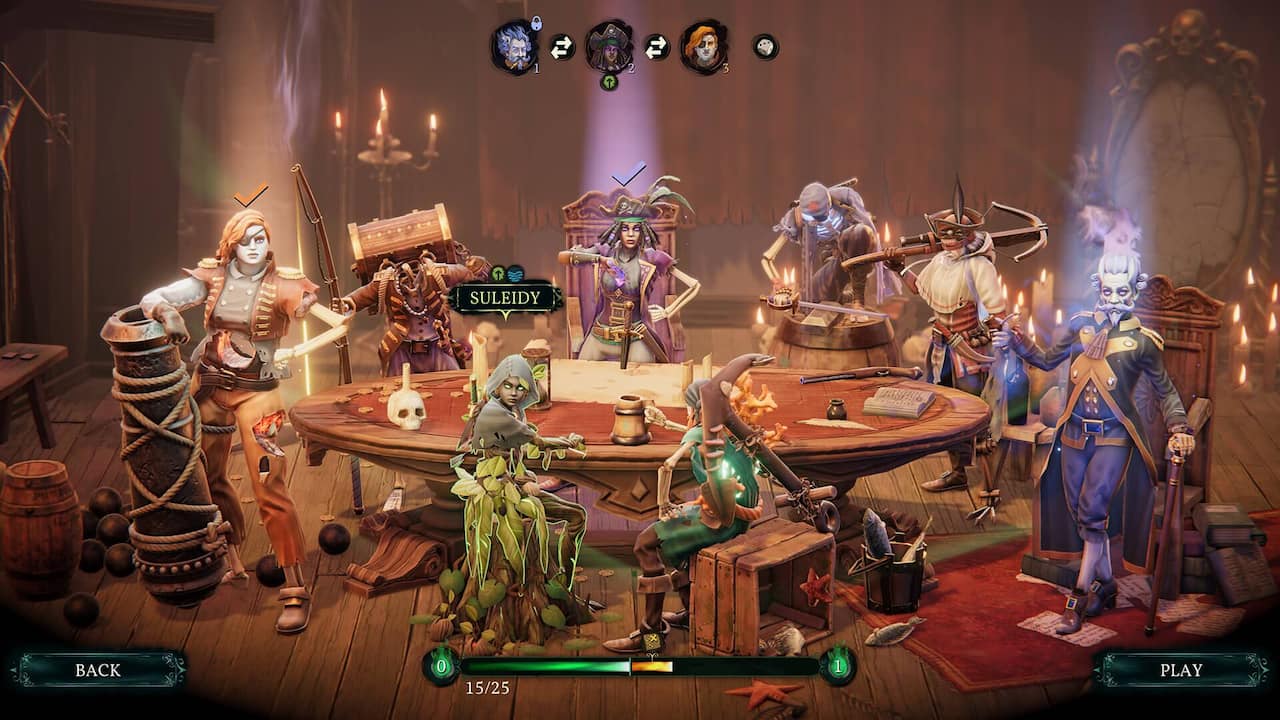 Captura de pantalla de Shadow Gambit: The Cursed Crew que muestra a los personajes sentados alrededor de una mesa