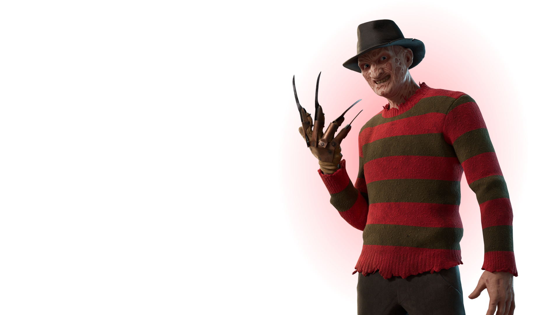 Freddy Krueger in his red and green striped sweater and fedora, raising his clawed glove