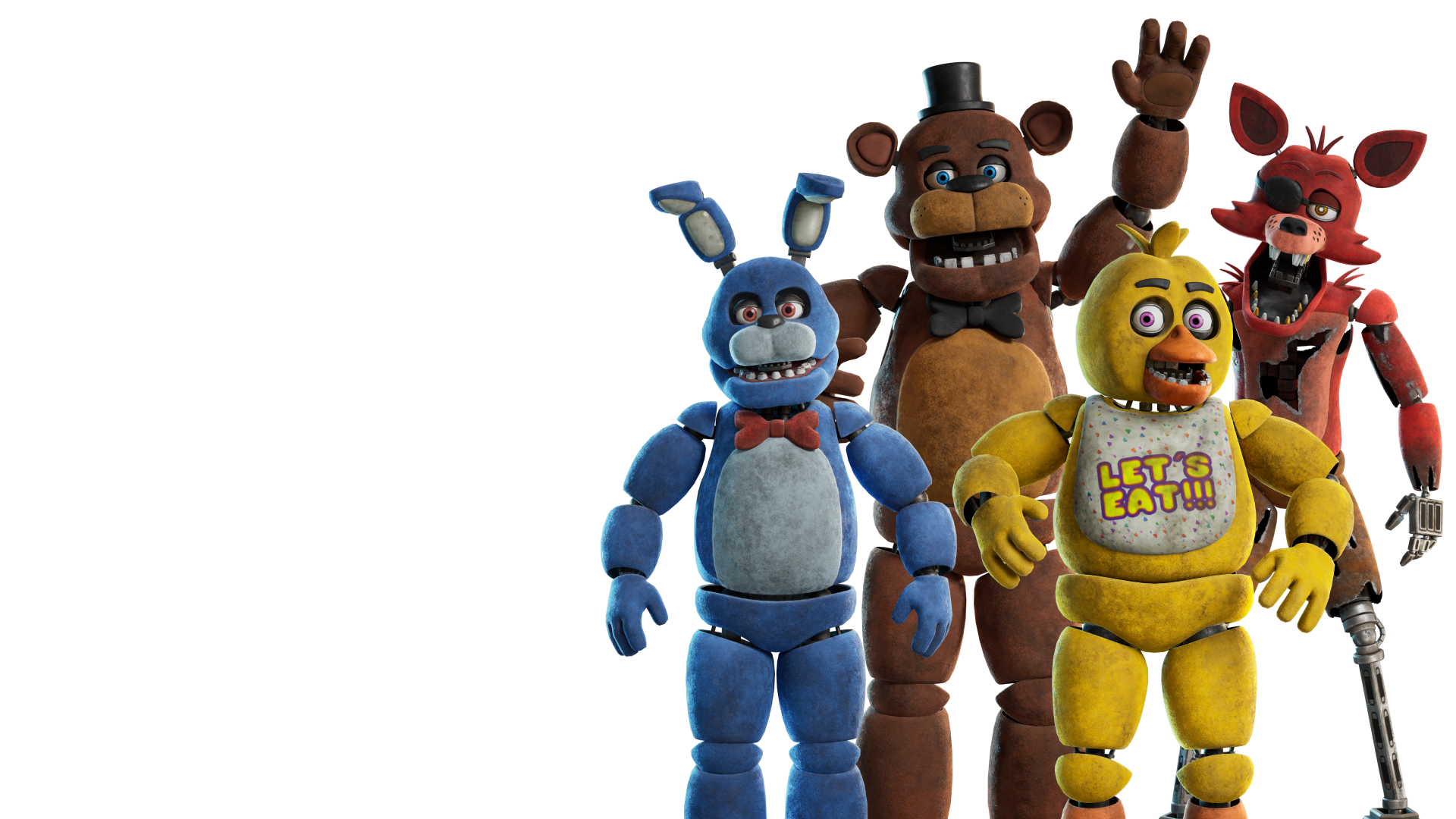 The four classic Five Nights at Freddy's animatronics — Bonnie, Freddy, Chica and Foxy — standing together