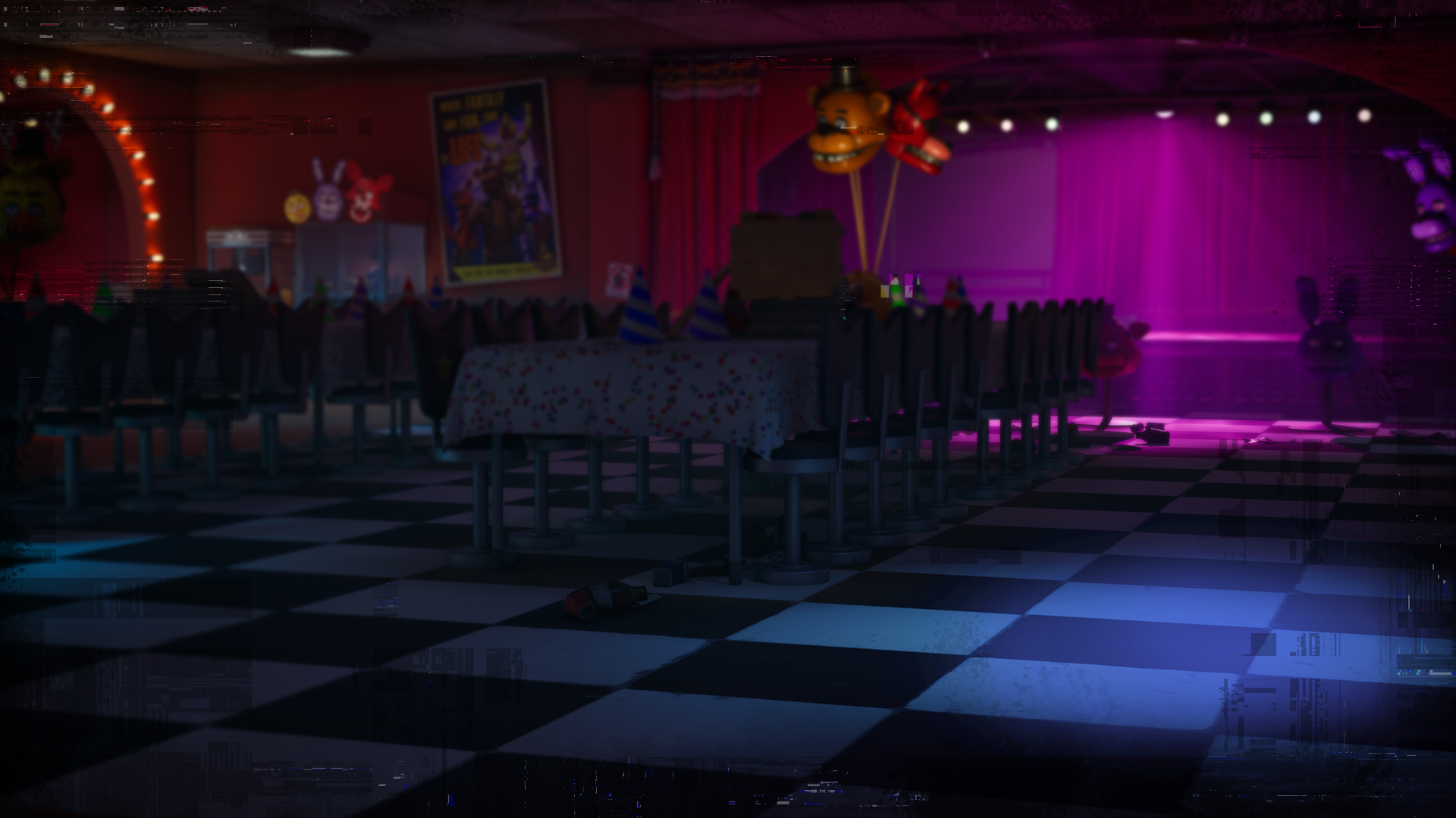 The dark, glitch-filled interior of Freddy Fazbear's Pizzeria with party decorations and an animatronic silhouette