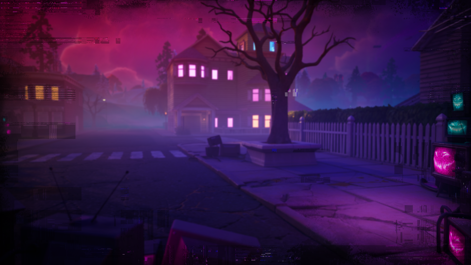 A foggy suburban street at night with a picket fence, a bare tree and a three-story house lit from within