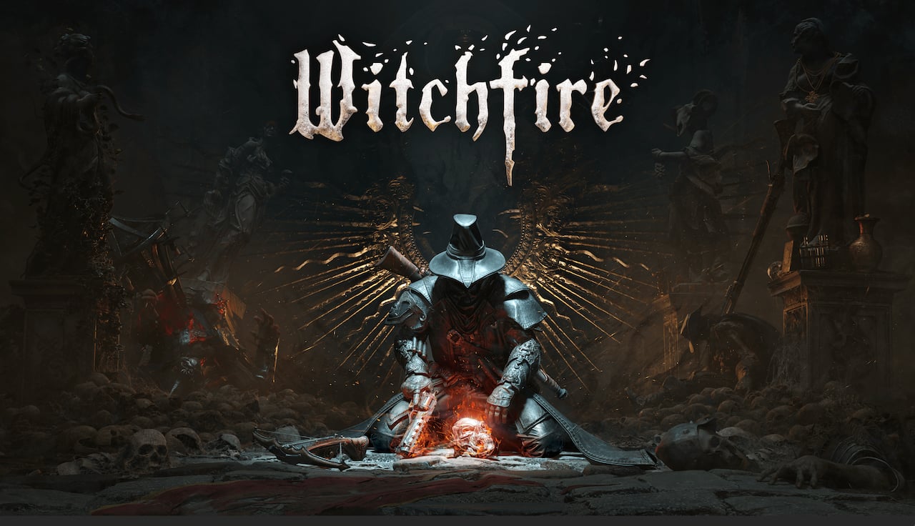 Witchfire key art showing a black-clad warrior kneeling over a flaming skull.